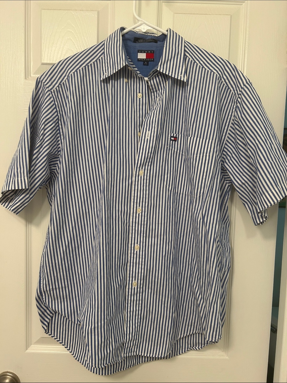 Tommy Hilfiger Blue and White Vertical Striped, Short-sleeve, Button-down Shirt